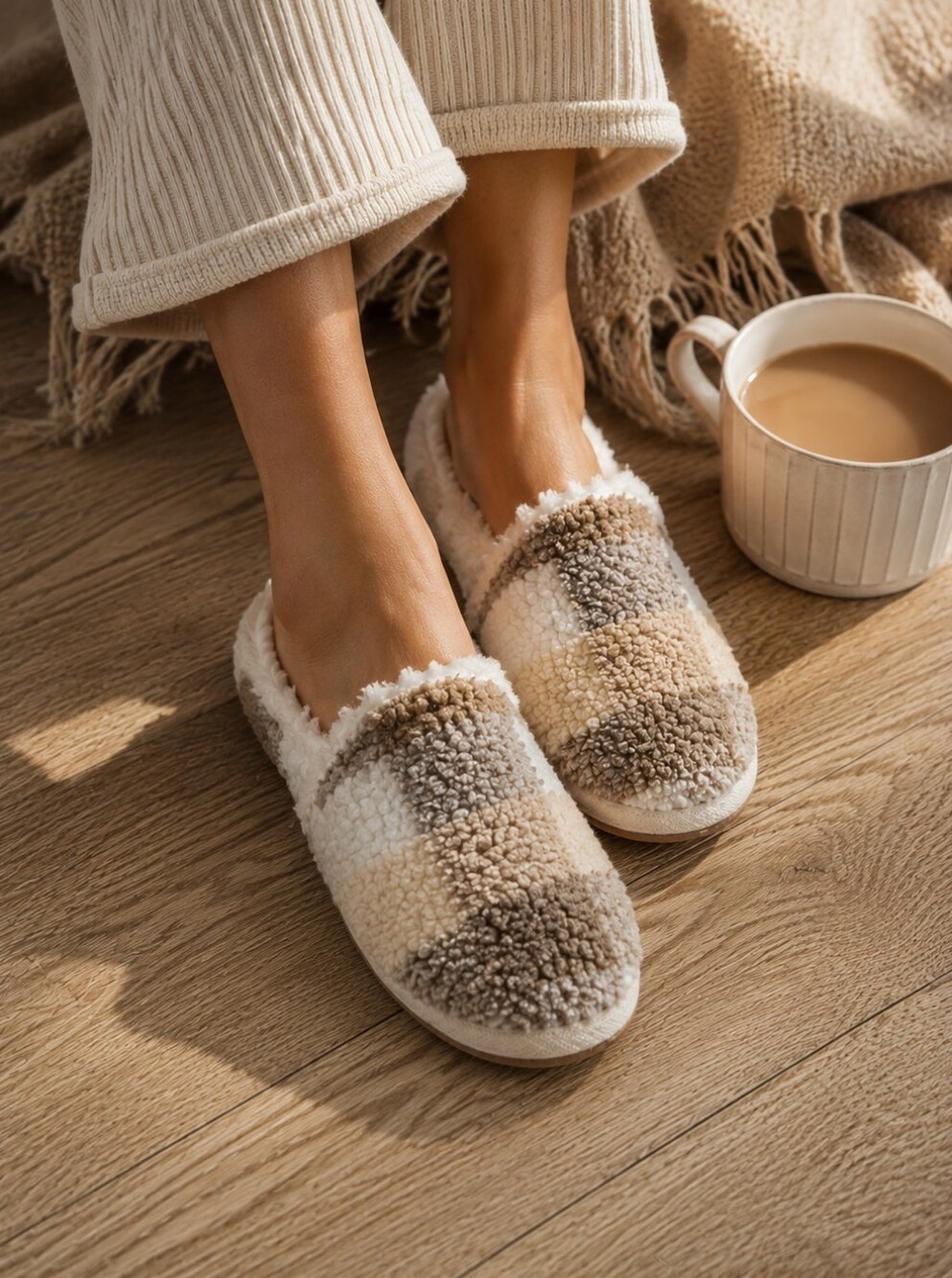 Toms India Brown Tan Cream Shearling Cozy Plaid Espadrille Slip Ons